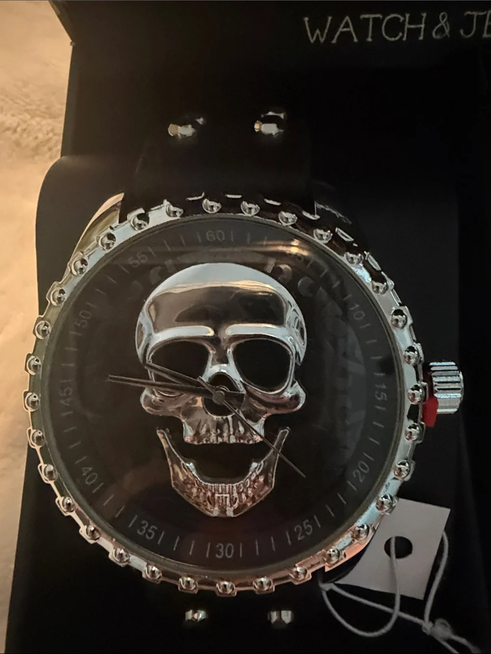 Ed Hardy Black & Silver Skull Dial Watch with Necklace & Cross Set